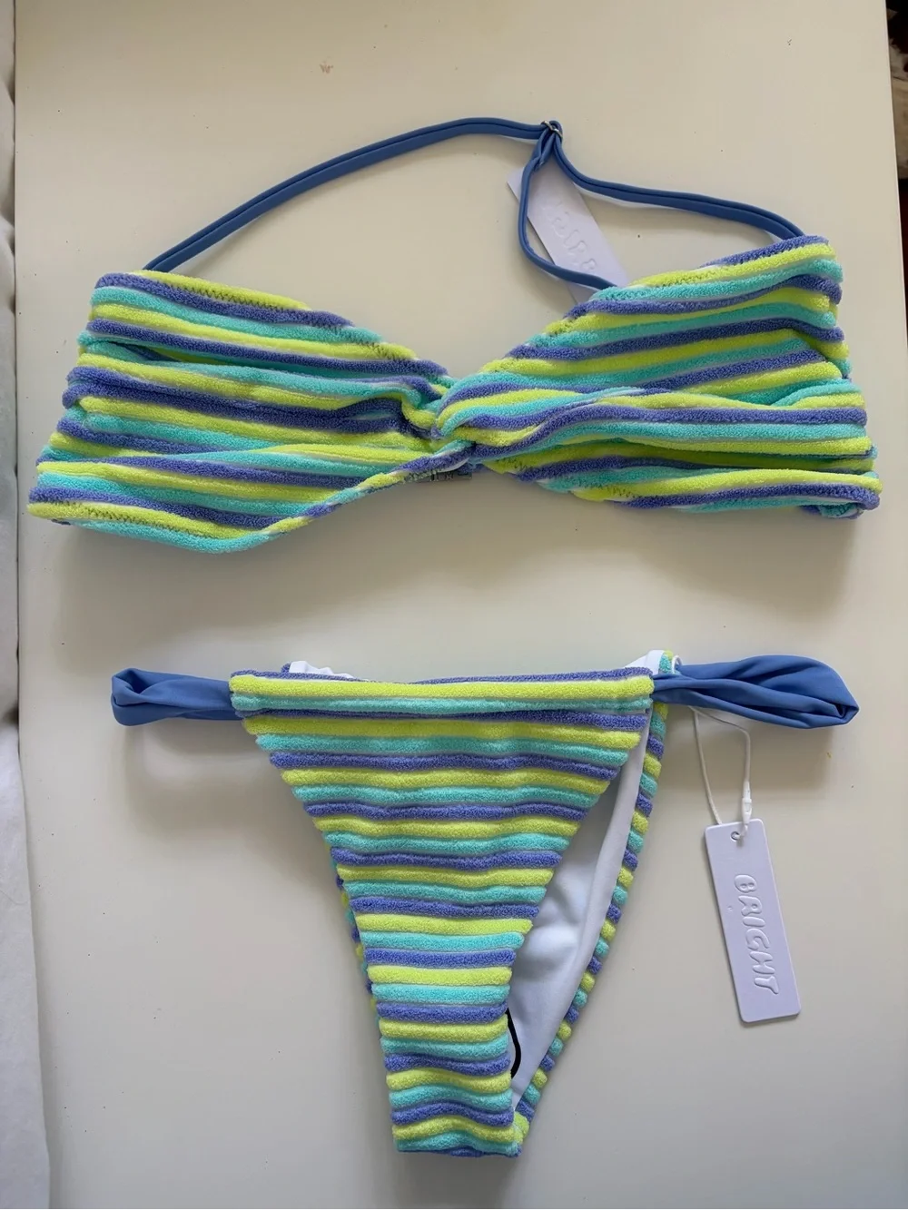 Bright swimwear Blue & Lime Striped Two-Piece Swim Set (large top, small bottom)